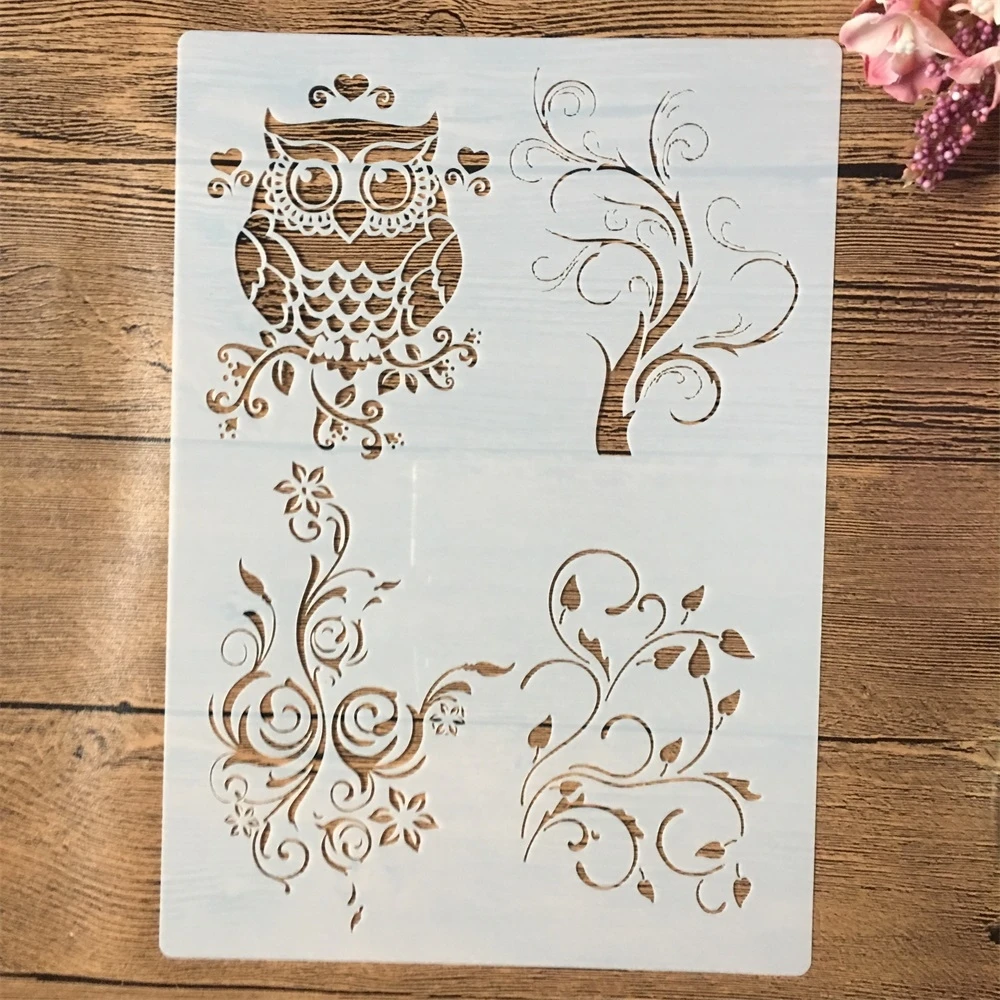 Трафареты A4 29 см в винтажном стиле с рисунком совы дерева травы для творчества