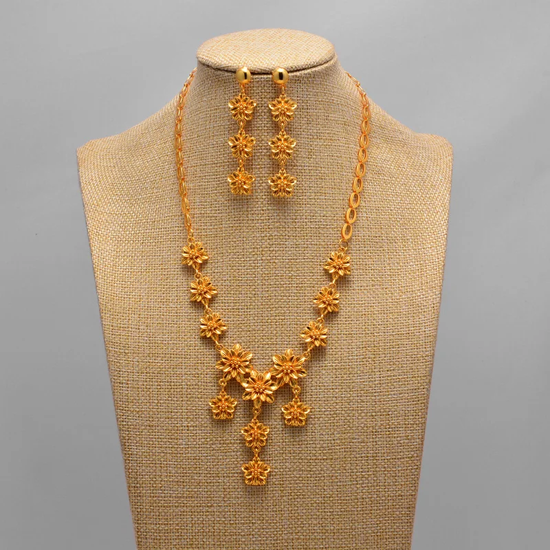 

African Flower Dubai Gold Jewelry set Women African Set Nigerian Bridal Jewelry Sets necklace earring Wedding Accessories
