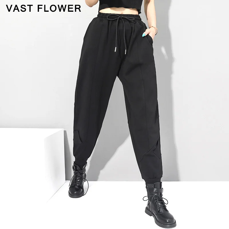 

Black Harem Pants Women Elastic Waist Drawstring Pocket Casual Loose Vintage Trousers Fashion Streetwear New Spring Autumn 2021