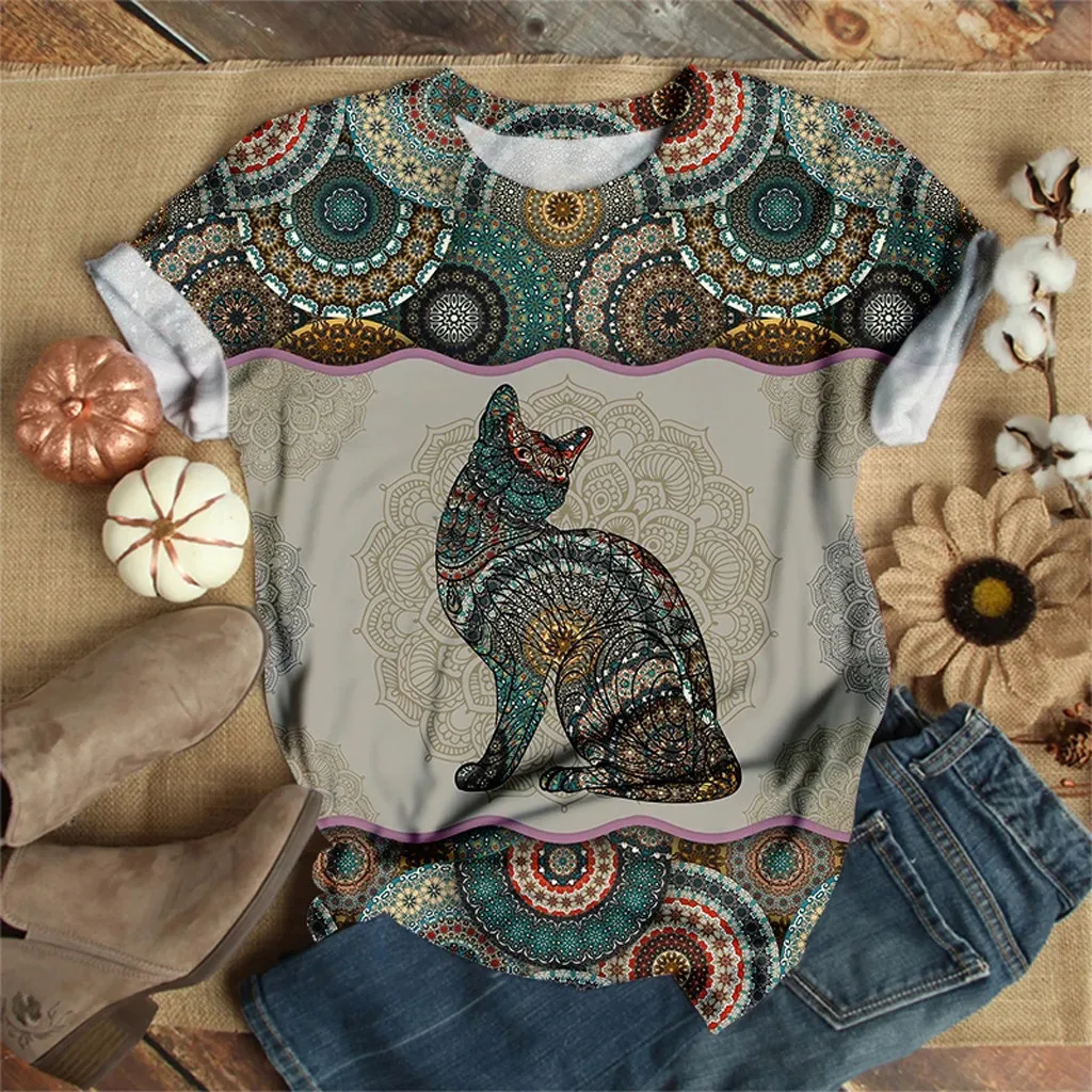 4 # Женская обувь в богемном стиле с принтом кота футболки размера плюс коротким