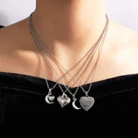 huangtang 4pcssets vintage moon heart pendant necklace for women boho silver color crescent love clavicle chain weddings gift