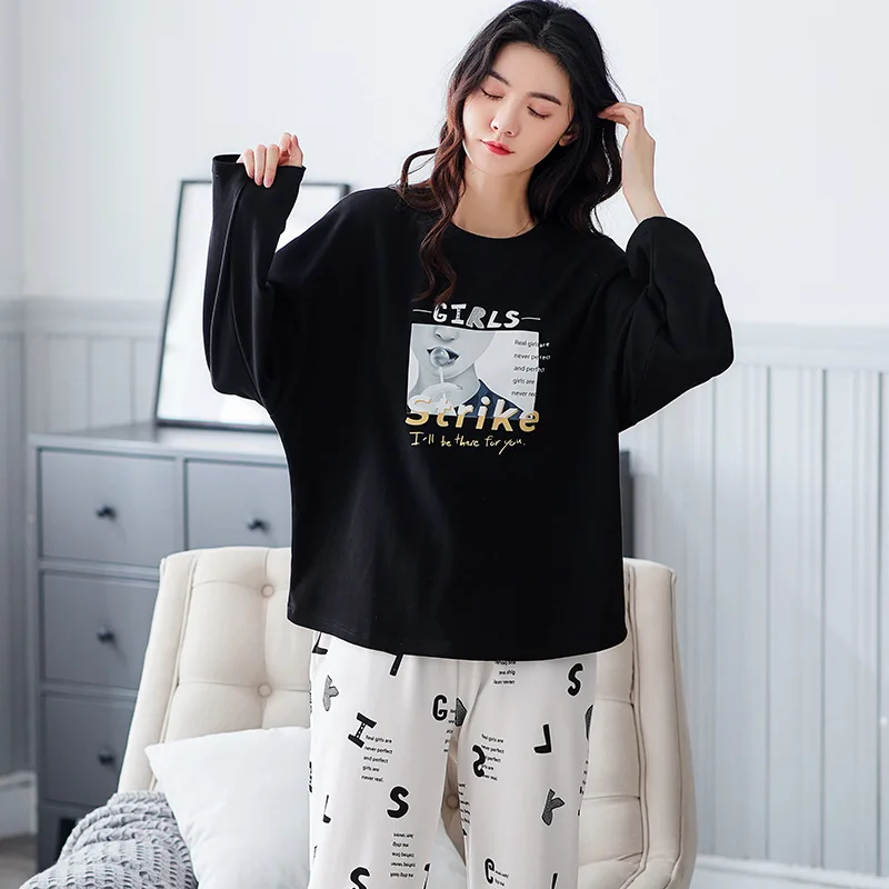 

Ladies Fashion Casual Round Neck Long Sleeve Trousers Printed Pajamas Set 2/piece