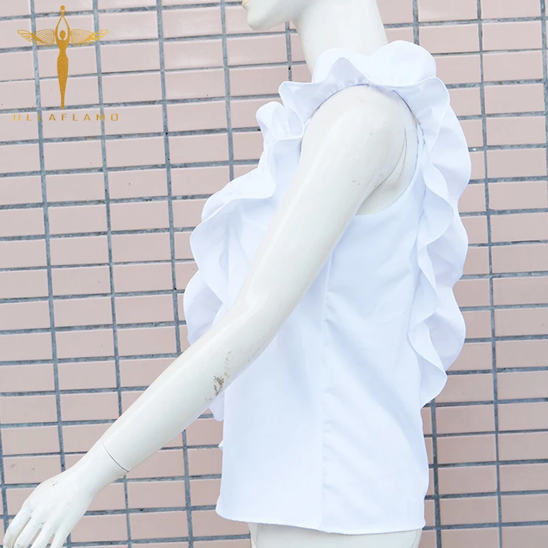 

Women V-neck Sleeveless Open Back Tank Tops Summer Sexy Sleeveless Ruffle Design Camisole Tops Tee Vest Ladies Solid Color Tanks