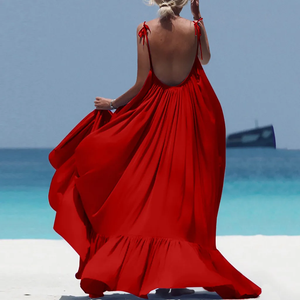 Женское длинное платье на бретельках Boho богемное пляжное с открытой спиной лето