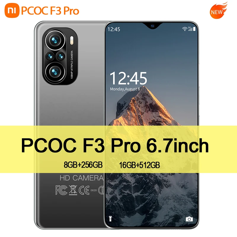 

Global Version PCOC F3 Pro 6.7Inch Smartphone 8GB+256GB 6000mAh HD Display 48MP Unlcoked Android Phone 5G Network Mobilephone