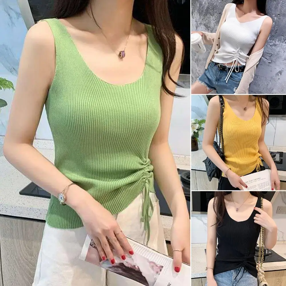 

Женские однотонные Цвет с овальным вырезом без рукавов в рубчик шнурок вязаная жилетка, топ, блузка на каждый день; Пикантные с круглым выре...