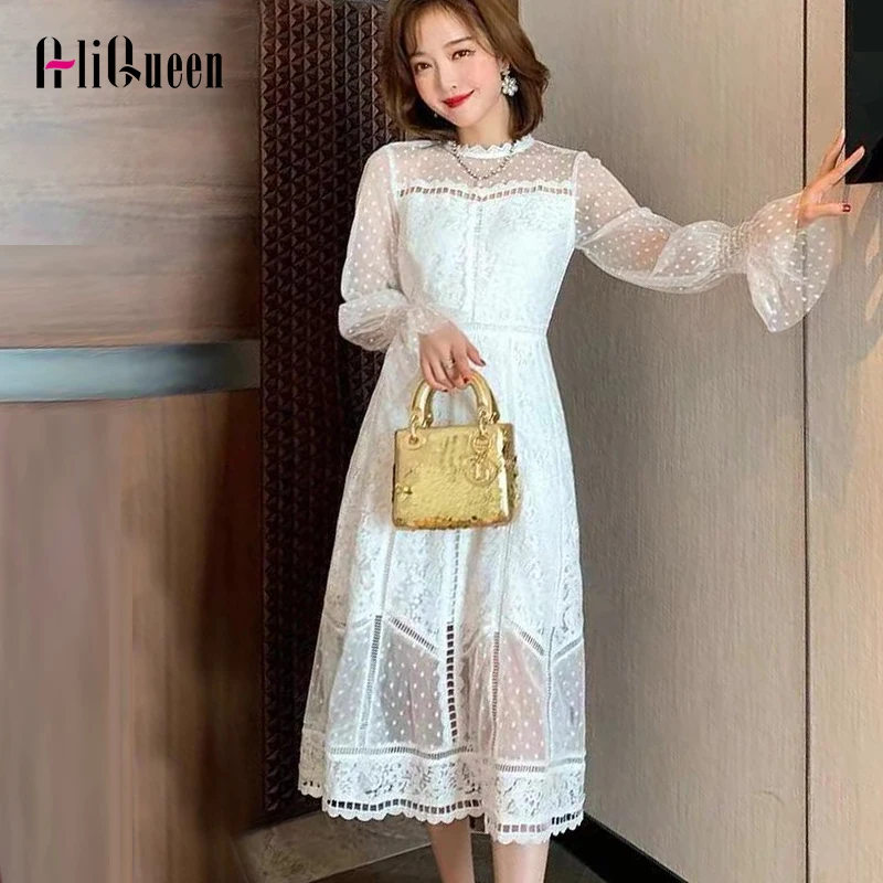 2020 Korean Women Sweet Sexy Hollow Out Mesh Patchwork Lace Dress Elegant Ladies Spring white Flare Sleeve Vintage Party Dresses