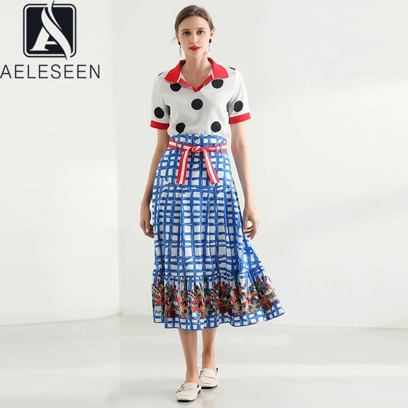 

AELESEEN Runway Fashion 2 Pieces Sets 2021 Summer DOts Print Lapel T-Shirt + Blue Plaid Print Bow Long Skirt Elegant Twinsets