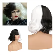 Cruella-Peluca de cabello sintético para mujer, pelo corto de película para Halloween, Cosplay, color blanco y negro, con gorro
