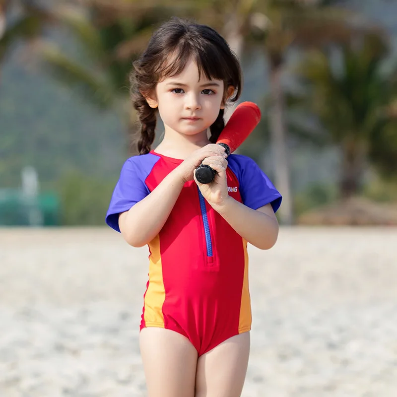 

2021 New 2-8 Years Baby Swimwear Short Sleeve Swimsuit Toddler Bathing Suit Girl One Piece Bathing Suit Quick Dry Beach Wear