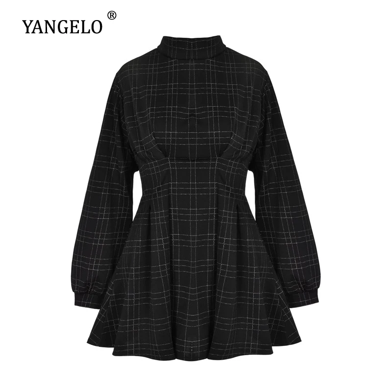 Женское платье Yangelo черное клетчатое с длинными рукавами и талией осенне-зимнее
