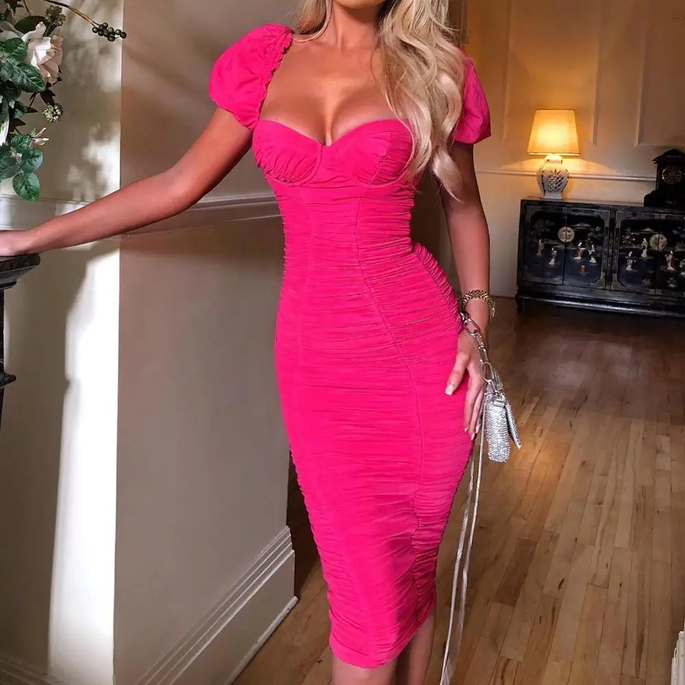 

Белое Сетчатое платье, женские квадратные Соблазнительные летние платья с рукавом-пузырьком, женское вечернее элегантное Плиссированное о...