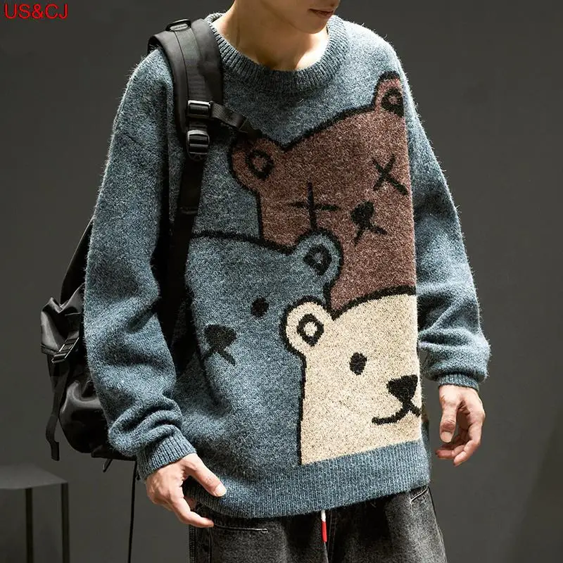 

Fashion Cartoon Bear Sweater Men 2021 Winter New Fashion Long Sleeve Knitted Pullover Oversized Harajuku Loose Leisure Soft Coat