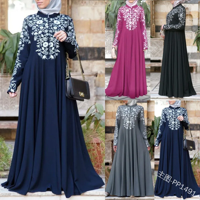 2021 мусульманское женское платье с длинными рукавами, стоячим воротником и принтом полный шлейф в этническом стиле