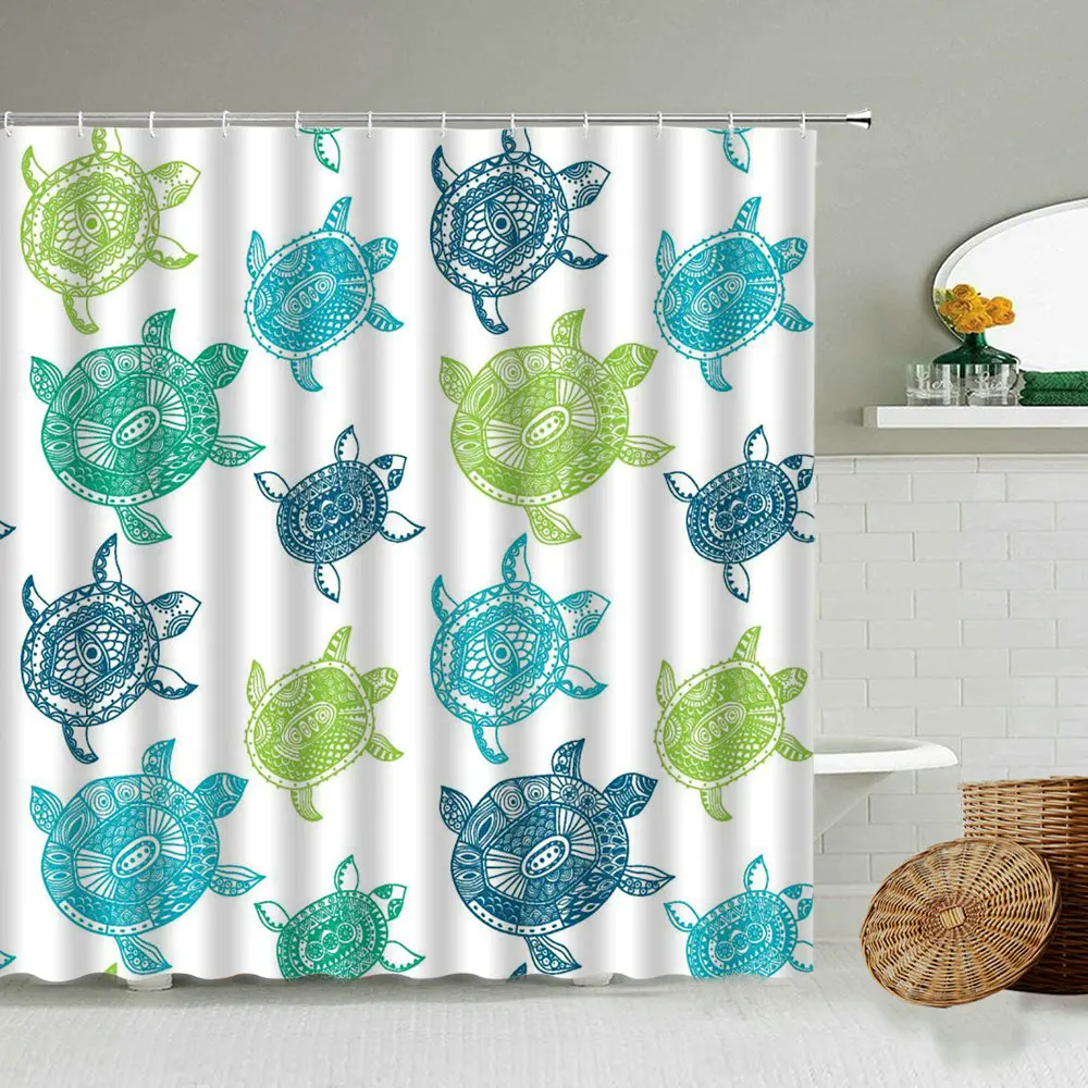 

Fun Sea Turtle Kids Bathroom Shower Curtain Cute Cartoon Marine Animal Bathroom With Hook Hanging 3D Waterproof Screen Washable
