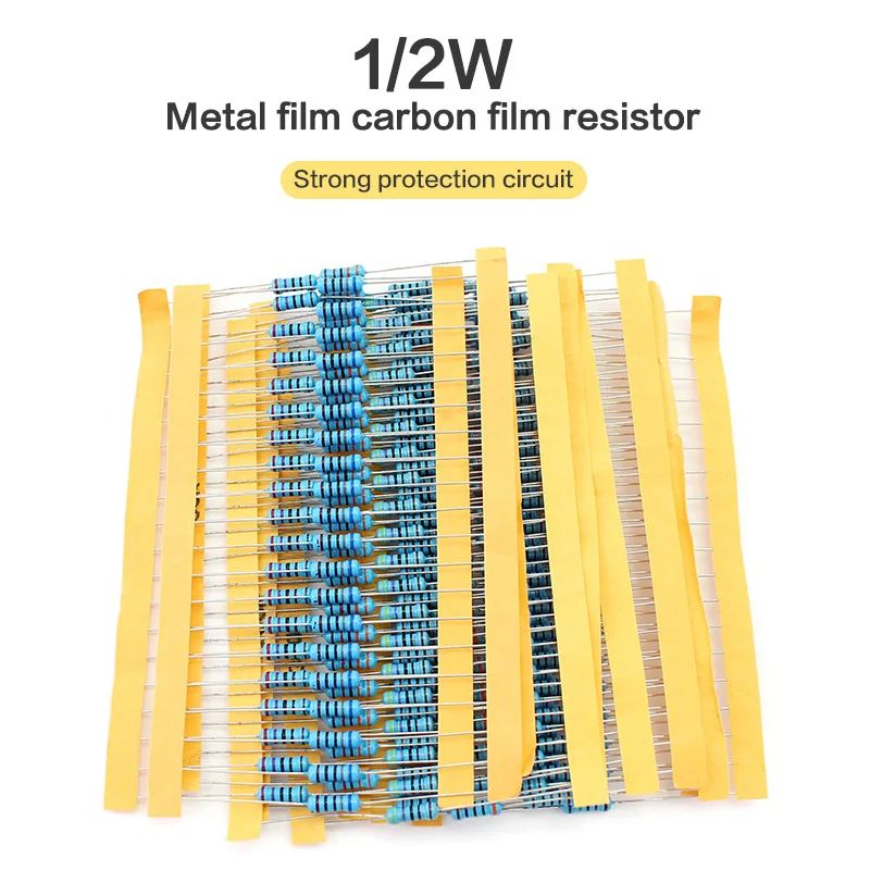 

50pcs 1/2W Metal Film Resistor 1% 0.5 watt resistors 1 10 100 110 120 150 220 270 330 470 1K 2.2K 4.7K 10K 100K 470K 1M 2M ohms