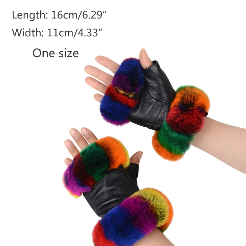 

Womens Winter Faux Leather Half Finger Gloves with Colorful Fluffy Plush Trim Outdoor Driving Thermal Fingerless Mittens