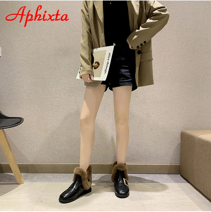 Aphixta; Новинка года; женские ботинки с пряжкой; женская кожаная обувь на меху; теплая плюшевая зимняя новая женская обувь; модные зимние ботинки