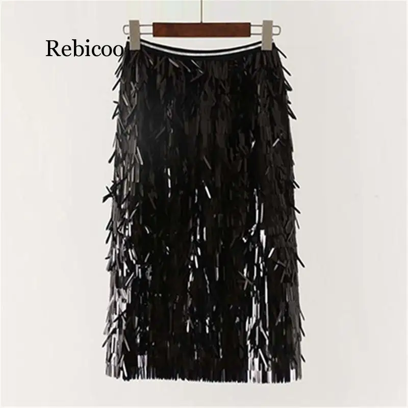 

Women Tassel Sequined Stage Midi Skirts 2020 New Summer Slim High Waist Party Korean Female Jupe Skirt Saia