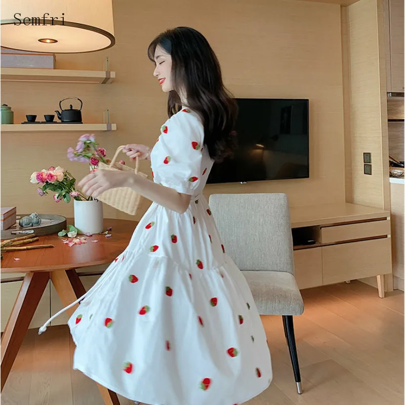 

Semfri 2020 New Summer Dress Woman French Style Niche Sweet Long Dresses Female Fruit Printed Chifon A-line Dress
