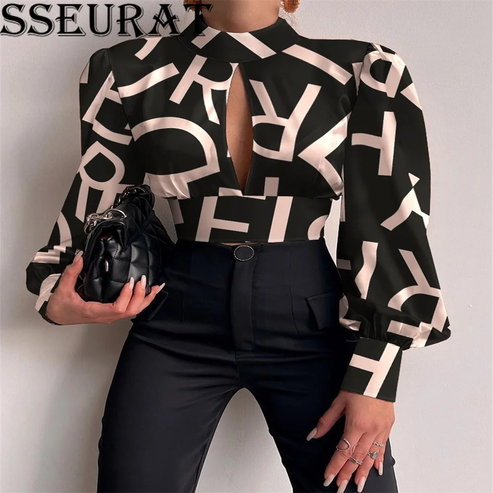 

SSEURAT Women Printing Lantern Long Sleeve Cut Out Front Stand Neck Bow Up Open Back High Waist Tunic Blouse and Shirt Tops