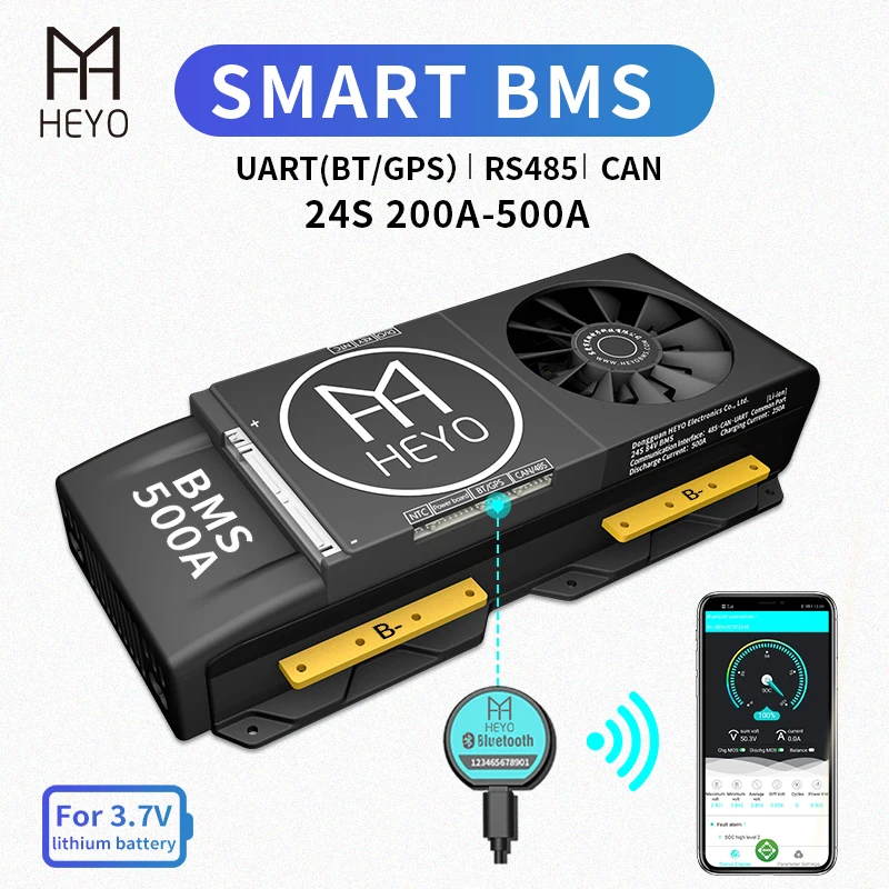HEYO Smart BMS Li Ion 24S 84V 200A 250A 300A 400A 500A Bluetooth BT GPS APP UART RS485 CAN NTC батарея с вентилятором e