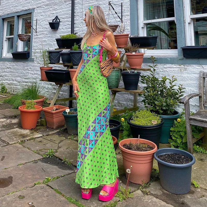 

Green Sleeveless Long Robe Women Floral Printed Patchwork Y2K Beach Style Straight Dress Party Club Sexy Dresses Summer Iamhotty