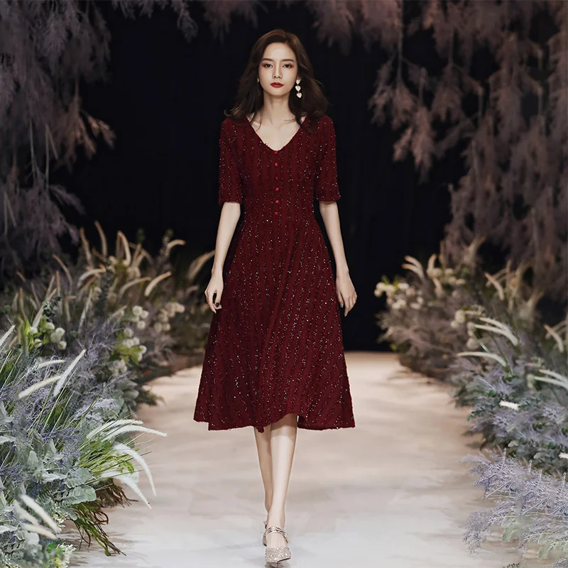 wei yin AE0364 2020 Burgundy Evening Dresses Half Sleeves Zipper Party Gowns V Neck vestidos de festa Formal Dress | Свадьбы и