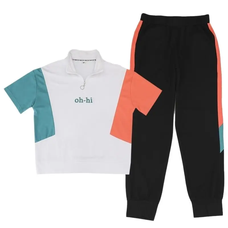 

Short Sleeved Top and Trousers Splicing 2 Piece Sets Women Sports Pant Suits Summer 2021 New Plus Size Clothes Green Gray Black