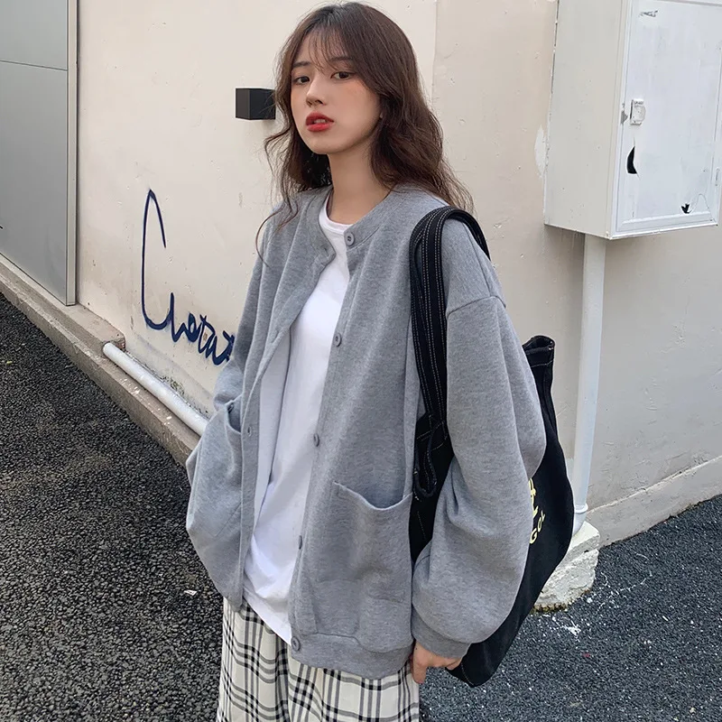Женские корейские свободные свитшоты с карманами осенние женские пальто на