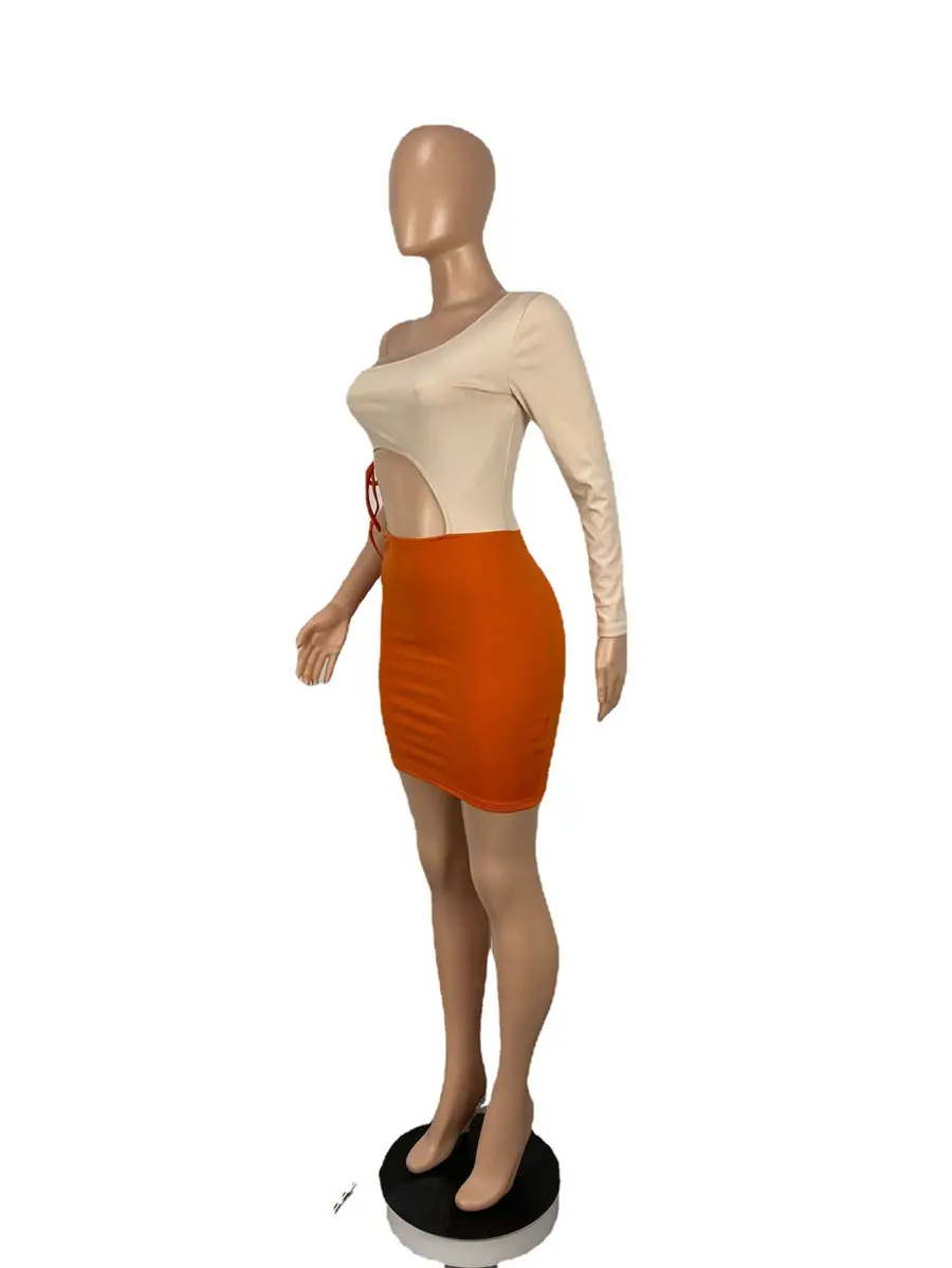 

Women Dress Fashion Bandage Diagonal Collar One Shoulder Skinny Patchwork Sexy Tight Club Party Open Fork Dresses