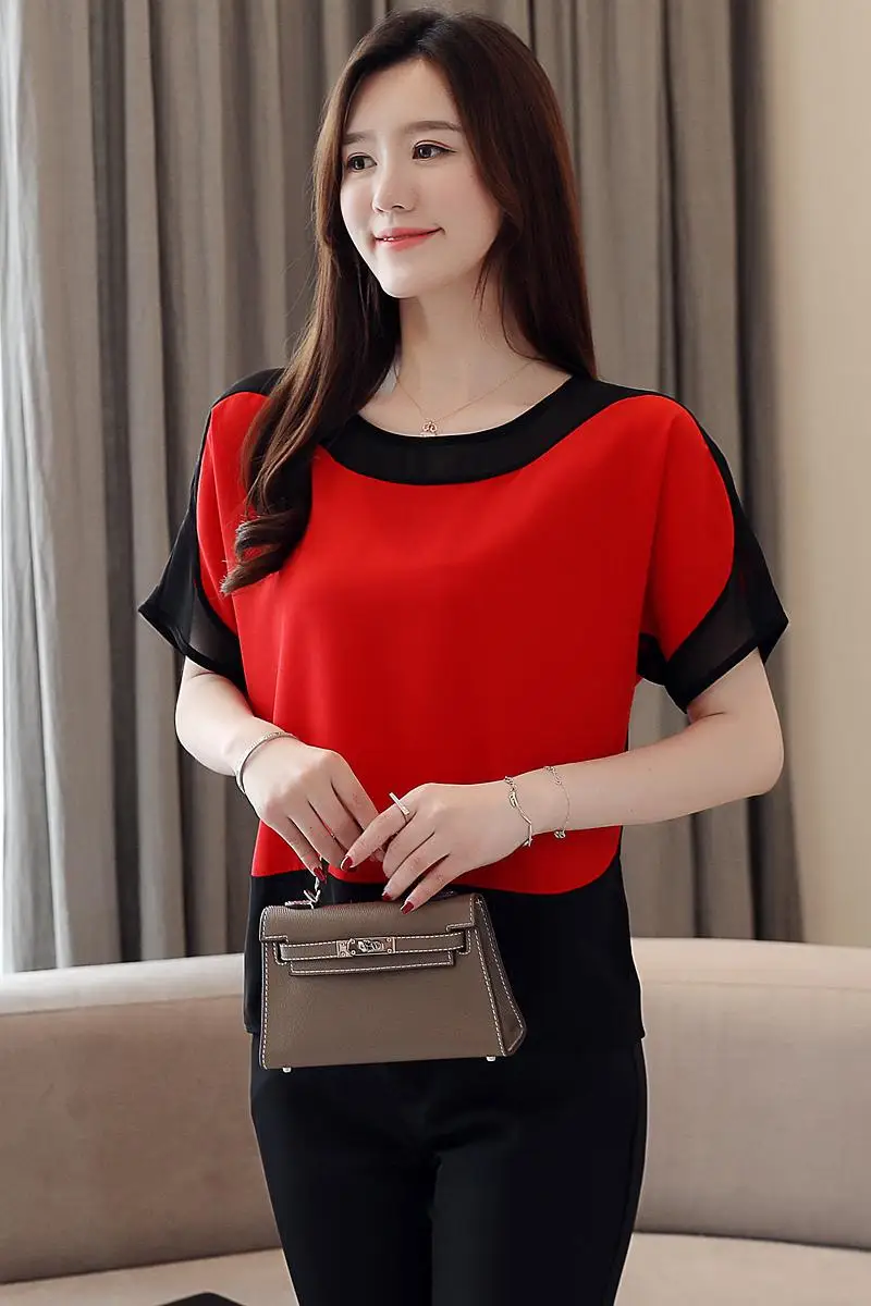 

Houthion Chiffon Slim Women's Blouses Fashion Splicing Lady Blusas New Casual Blouse Summer O-neck Shirt Short Sleeve Top