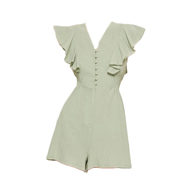 

Ruffle Single Row Buttons Jumpsuits Women High Waist Elastic Waist V-Neck Jumpsuit Women'S Solid Short-Sleeved Jumpsuits Woman