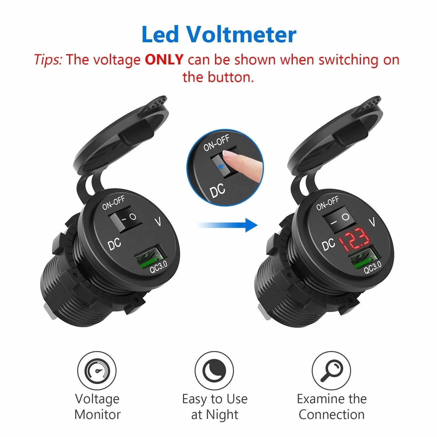 12V/24V QC3.0 Waterproof USB Fast Car Charger Socket Power Adapter Outlet With Switch and Voltmeter gauge for Boat Motorcycle |