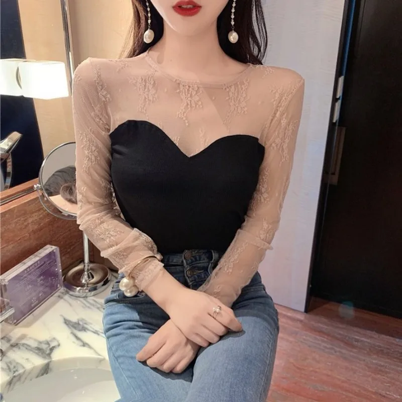 

Sexy blouse Women Summer Retro Transparent Mesh Ladies blouse Vogue Print Hollow Long Sleeve Top Casual Female blouse Harajuk