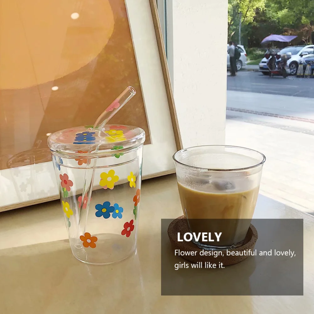 

1pc Straw Cups Flower Patter Water Cup Glass Cups Beverage Cup Drinking Cup