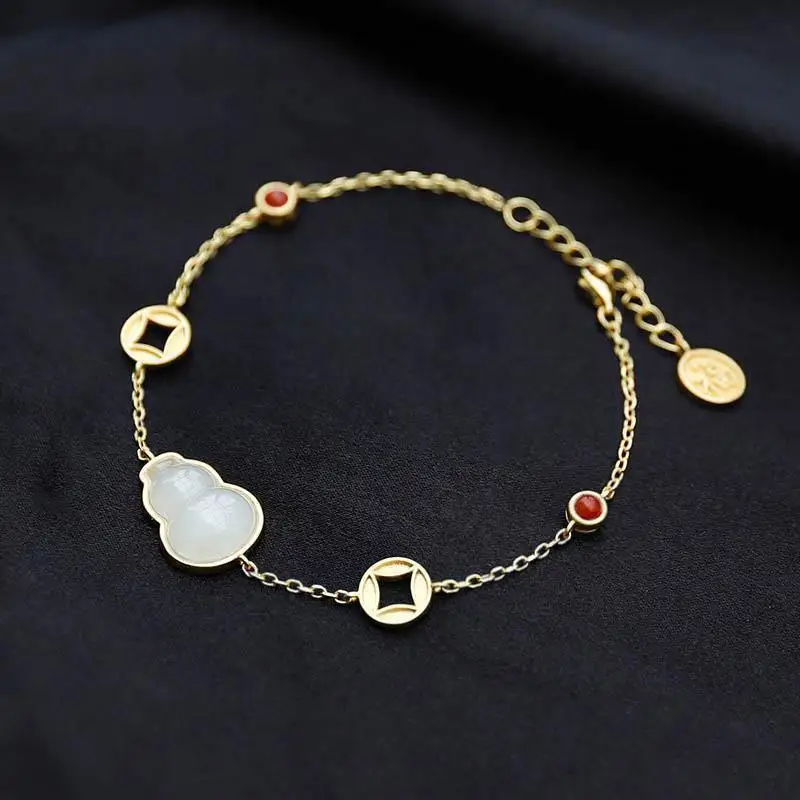 

[Jingchu] Natural Hetian Jade White Jade Gourd Bracelet 925 Yinnan Red Agate Coin Retro Artistic Bracelet