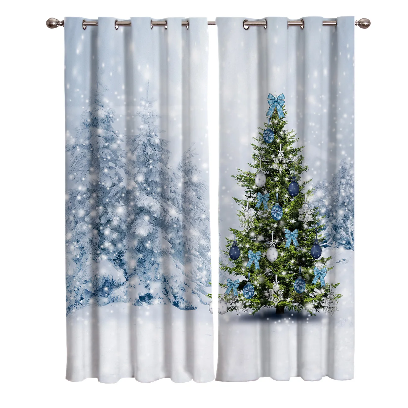Рождественская елка Счастливого Рождества Снежная сцена оконные шторы темные
