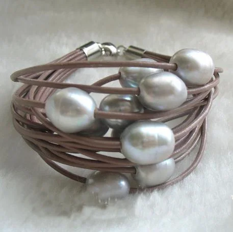 

Классический удачи ювелирные изделия из жемчуга 15 строки серый Цвет пресноводный жемчуг кожаная веревочный браслет магнитной застежкой на...