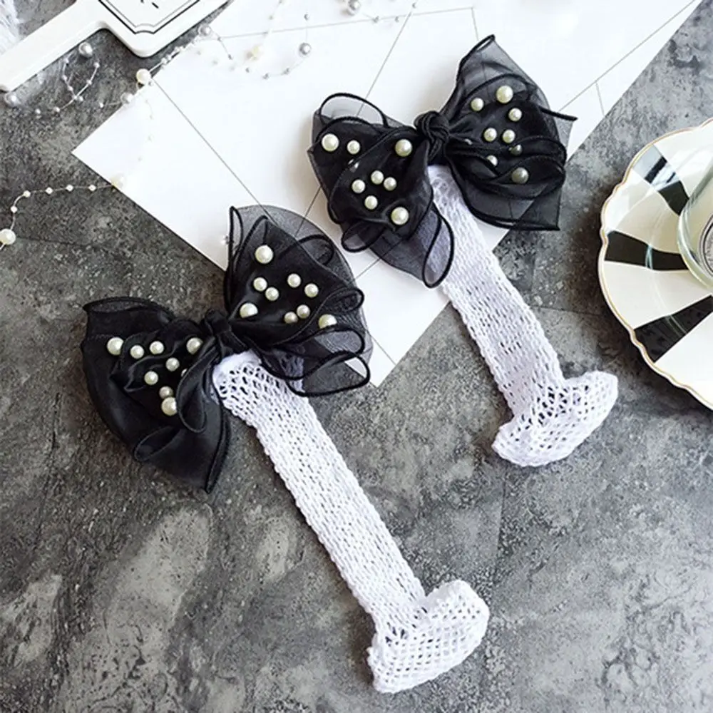 Модные женские носки в сеточку с кружевным бантом и жемчугом Повседневные