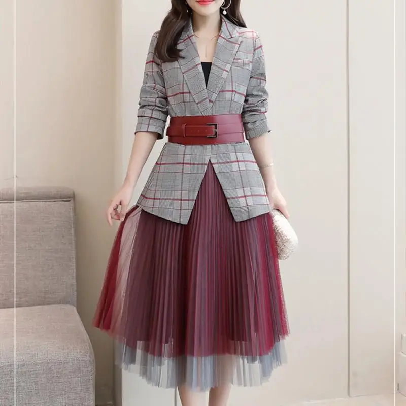 2019 Женский клетчатый Блейзер сетчатая юбка в складку костюм офисная одежда