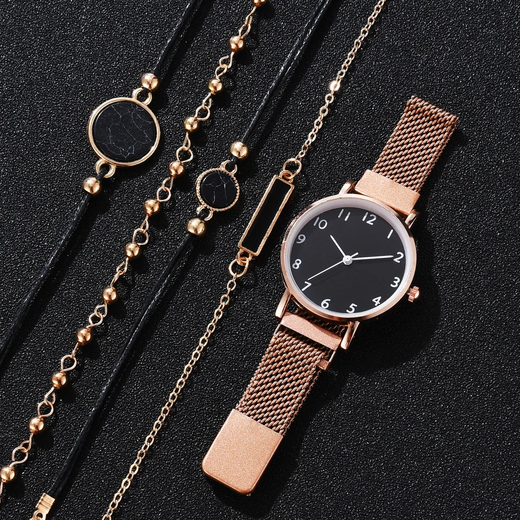5 шт./комплект женские кварцевые часы с браслетом из розового золота