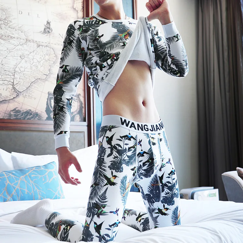 Mens Long Johns Winter Warm Pants Sexy Underwear Set Leggins Cotton Plus Velvet Round Neck Slim Thermal Trousers Sleepwear
