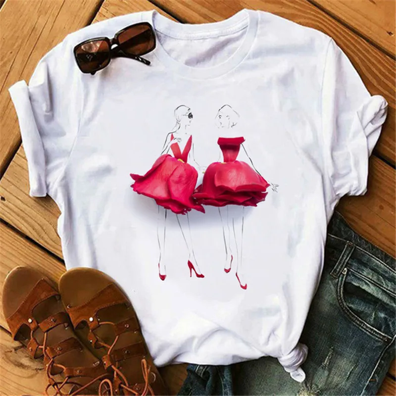 

Women Tshirts Fashion Rose Illustration Girl Printed Tshirt Top Female T Shirt Tops Tee Funny Tshirt 90s Cute T Shirt