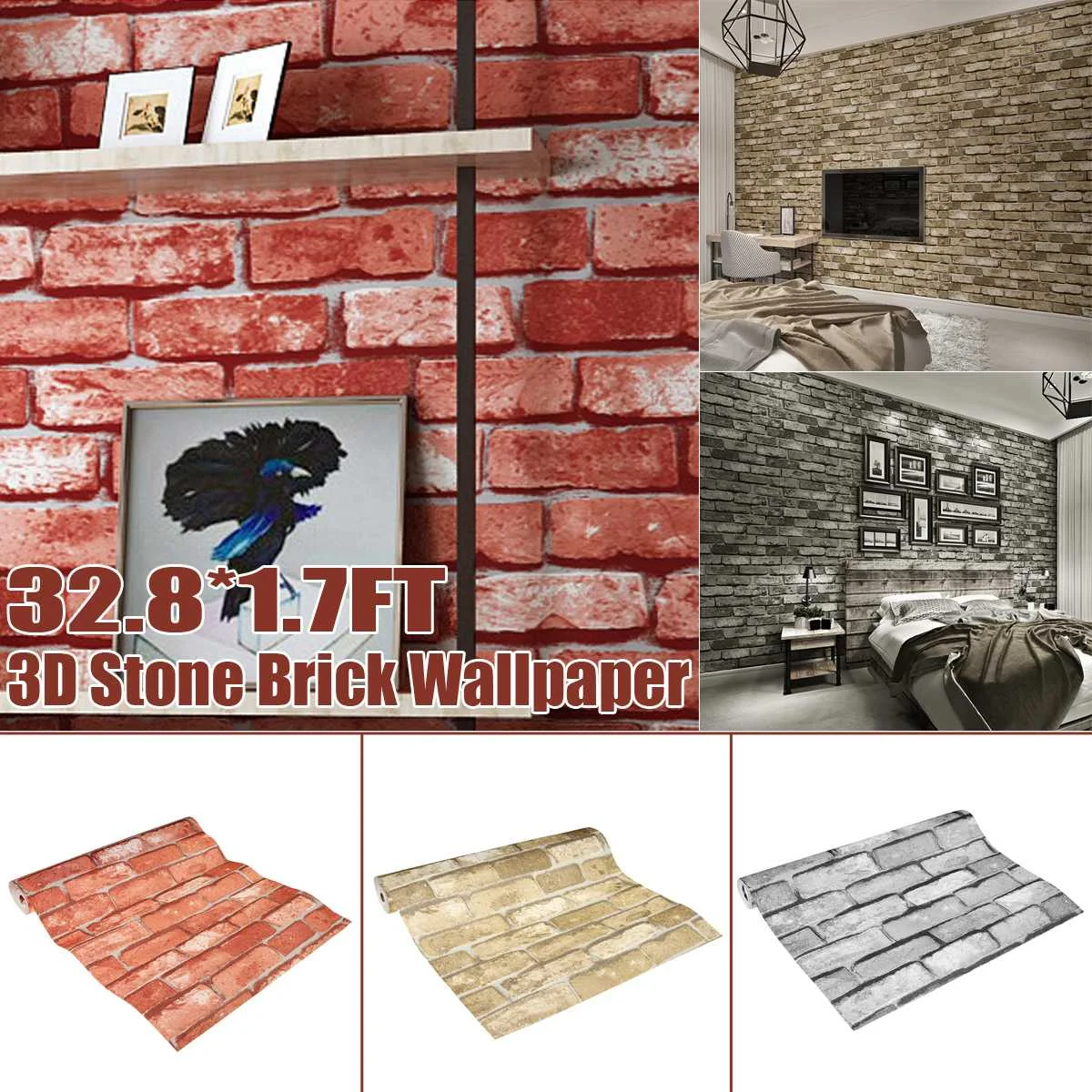 

45cmx10m 3D Wall Stickers Wall Paper Brick Stone Effect Waterproof Self-adhesive Wood Grain Wallpaper Home Decor Living Room