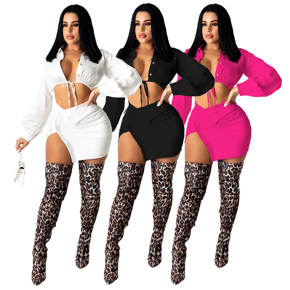 

Women Lace Up Lace Up Two Piece Set Outfits Sexy Bandage Long Sleeve Shirt Crop Top + Slit Mini Skirts Matching Set Clubwear