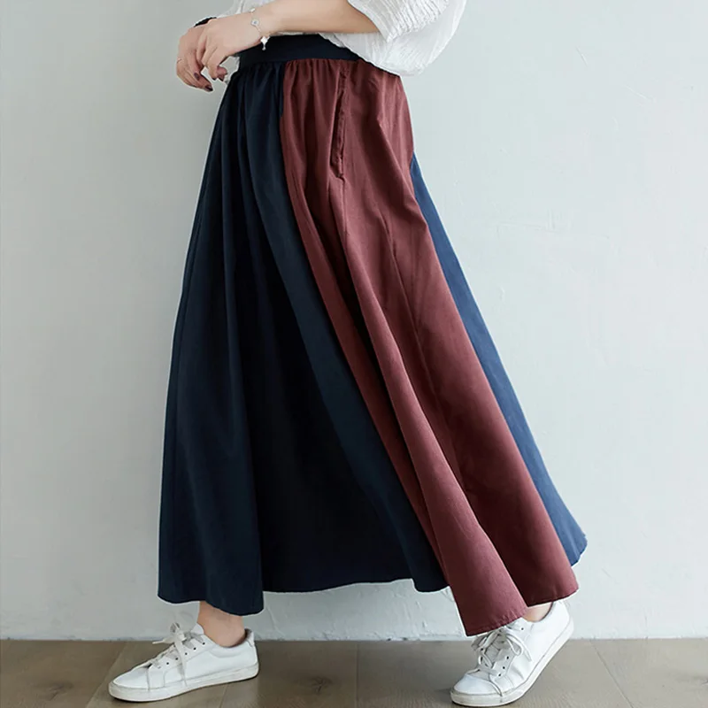 2021 Autumn Women Long Skirt Loose Pocket Vintage High Waist Female A-Line Skirts Womens Elastic Quality Cotton Maxi | Женская одежда