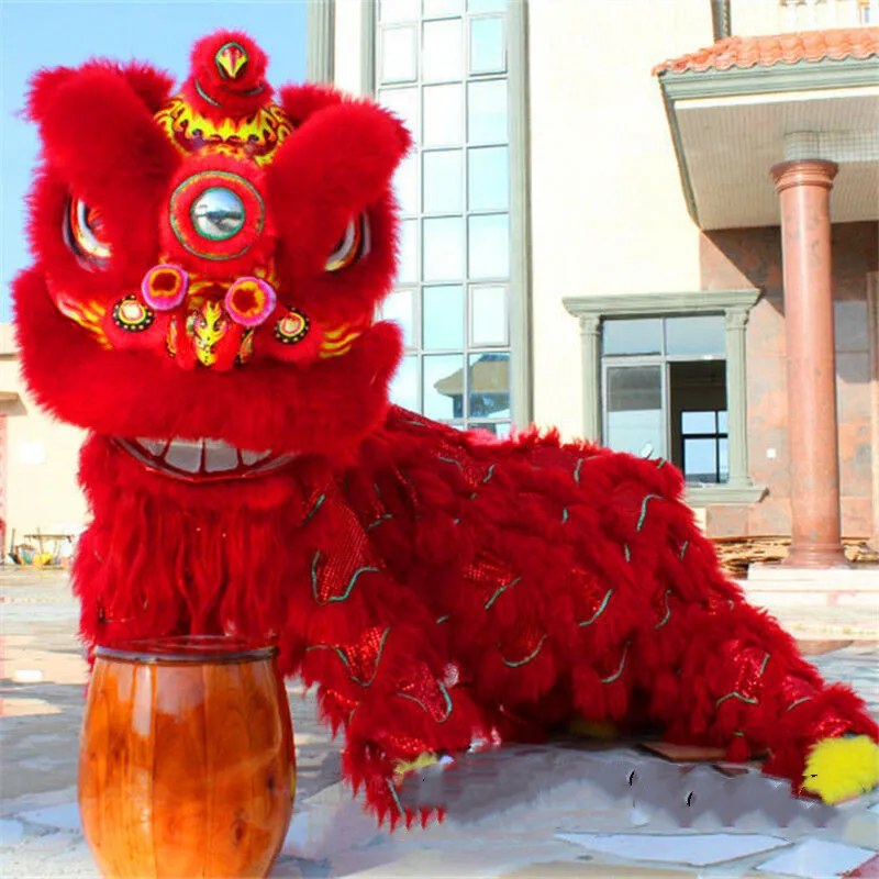

Chinese Folk Art Red Lion Dance Mascot Costume Wool Southern Lion for Two Adults Cosplay Party Dress Outfits Clothing Halloween