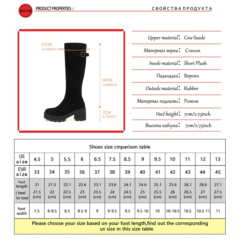 

BESCONE Elegant Shoes Woman Concise Style Knee-high Solid Cow Suede Upper Boots Ladies Chunky Heel High Platform Boots BO712