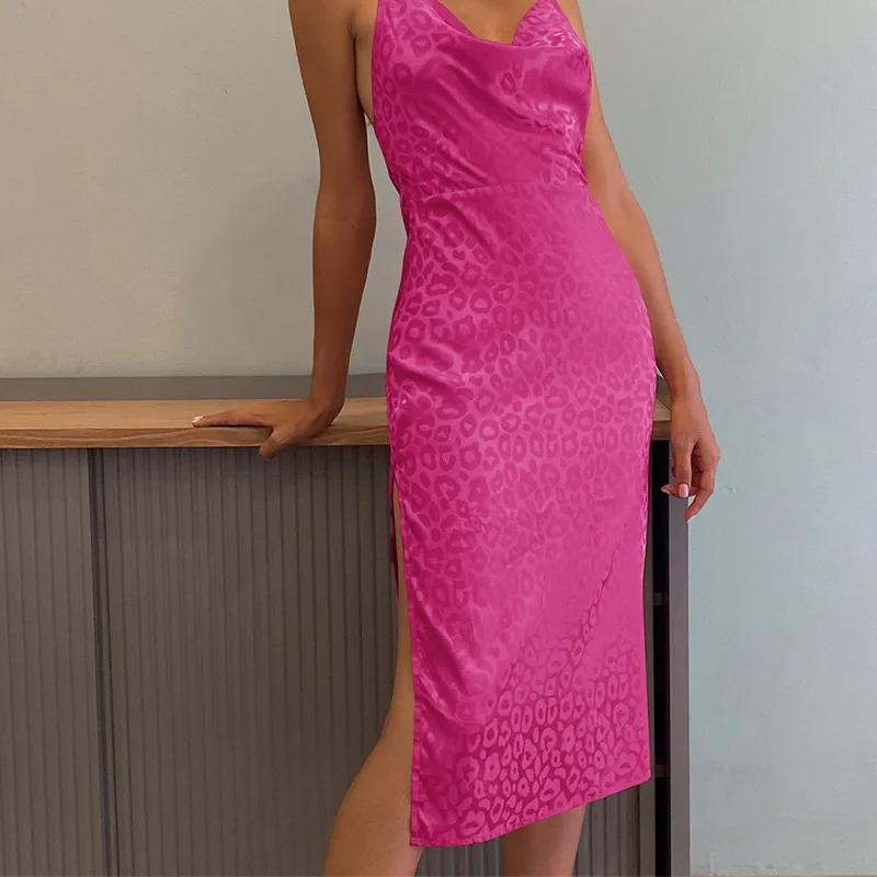 

Taja2021 Spring and Summer Women's Dress Pile Neck Slit Satin Dress Sexy Sling High Waist Slim Dress